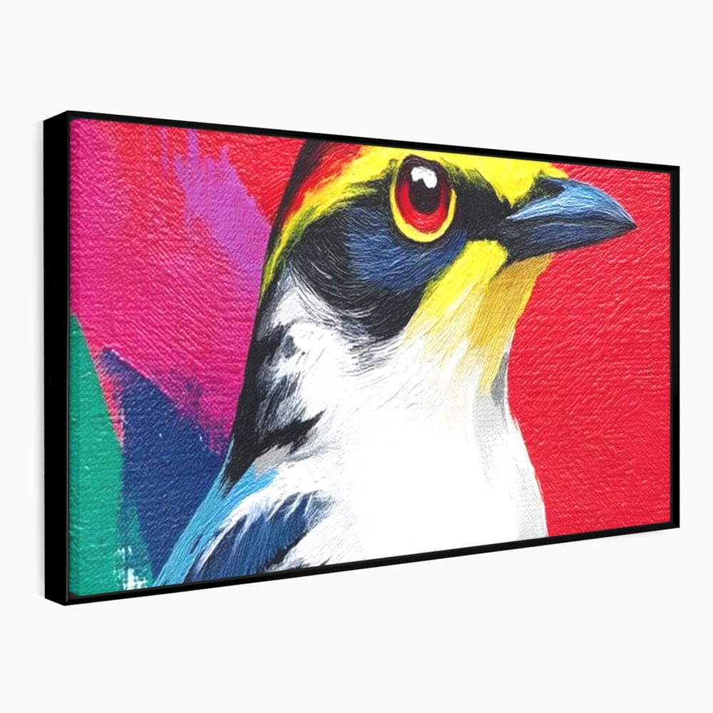 Tablou canvas cu tablou canvas cu pasare colorata in profil, in rama de aluminiu negru